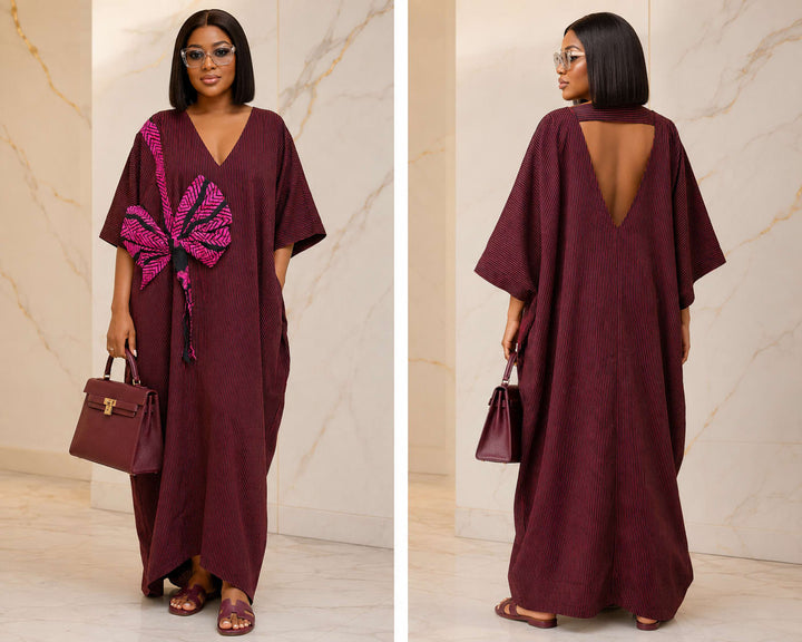 Stripe cotton Kaftan with Adire bow
