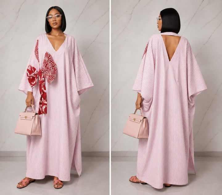 Stripe cotton Kaftan with Adire bow