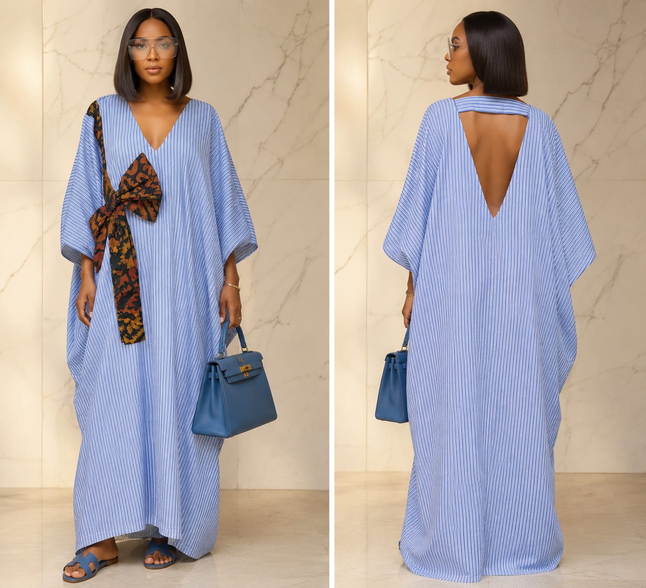 Stripe cotton Kaftan with Adire bow